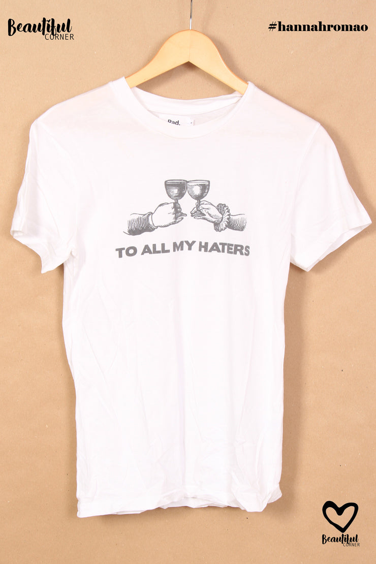 T-shirt blanc à imprimé et inscription "To all my haters" Rad.